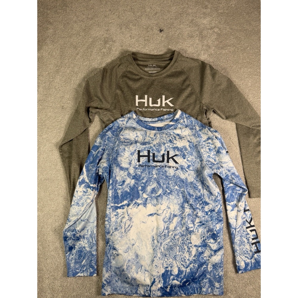 Lot Of 2 Huk Youth M/L Blue/Gray Camo Performance L/S Fishing T-Shirt Logo *read